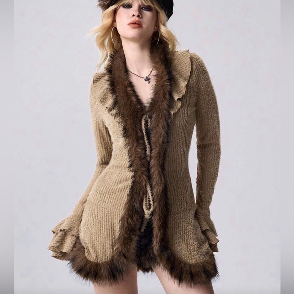 Beautiful brown fur tie in front sweater